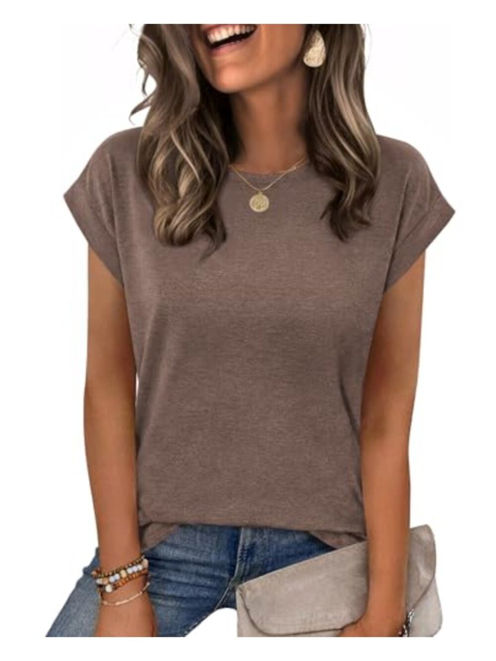 Womens Cap Sleeve T-Shirt Crew Neck Relaxed Fit Polyester Blend Casual Top
